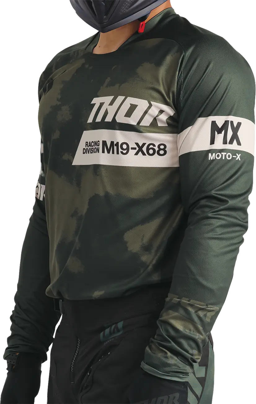 Thor Launchmode Bleach Motocross Jersey - Black/Camo Green/Off-White